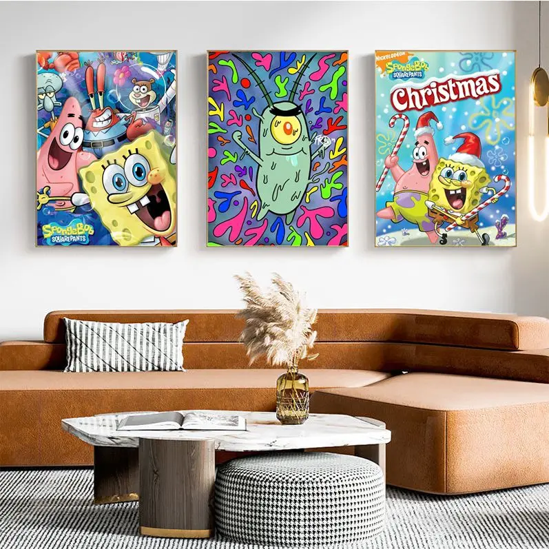 Cartoon S-Spongebob Whitepaper Poster Retro Kraft Paper Sticker DIY Room Bar Cafe Aesthetic Art Wall Painting