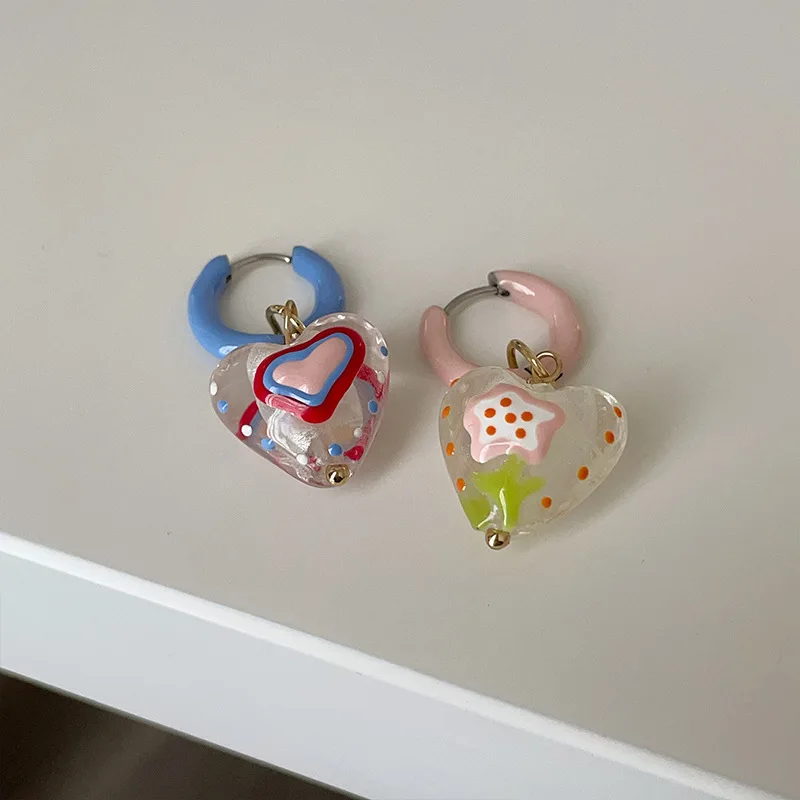 Minar Sweet Candy Color Enamel Clear Coloured Glaze Asymmetric Love Heart Hoop Earrings for Women Statement Party Daily Jewelry