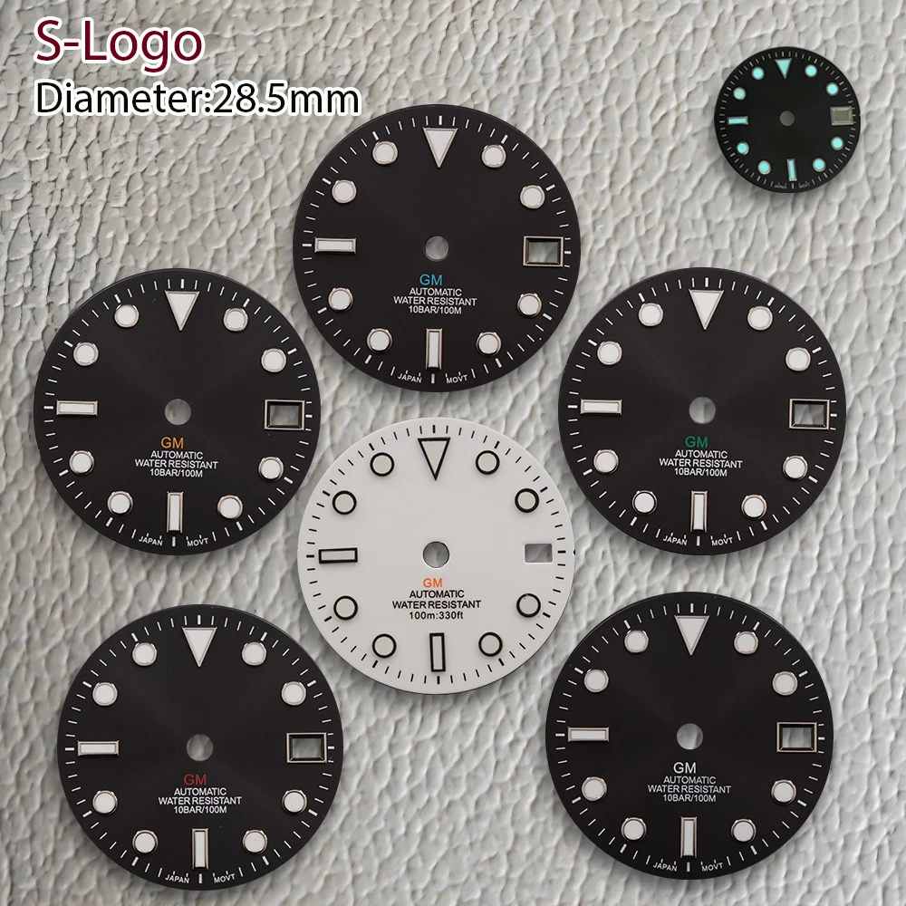 جديد 28.5 مللي متر S شعار NH34 GMT الطلب الأسود الهاتفي الفضة شعار صالح NH34 حركة الجليد الأزرق مضيئة ساعة تعديل الملحقات