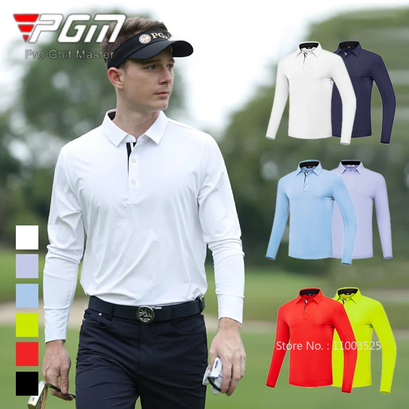 

PGM Men Breathable Anti-sweat Golf Shirt Male Elastic Full Sleeve Sport T-shirt Men Soft Turn Down Collar Top Casual Golf Wear