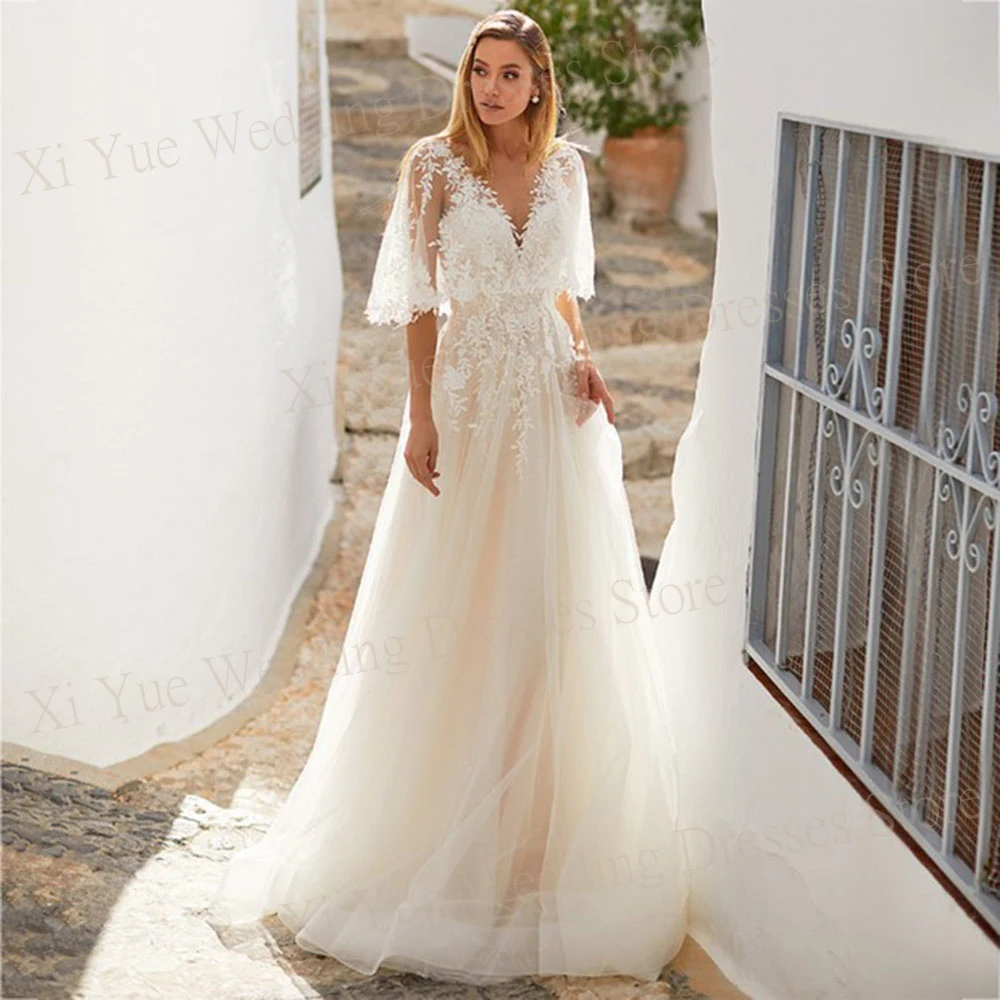 Boho Exquisite Generous A Line Women's Wedding Dresses Sexy Lace Appliques V-Neck Bride Gowns New Half Sleeve Vestidos De Novia