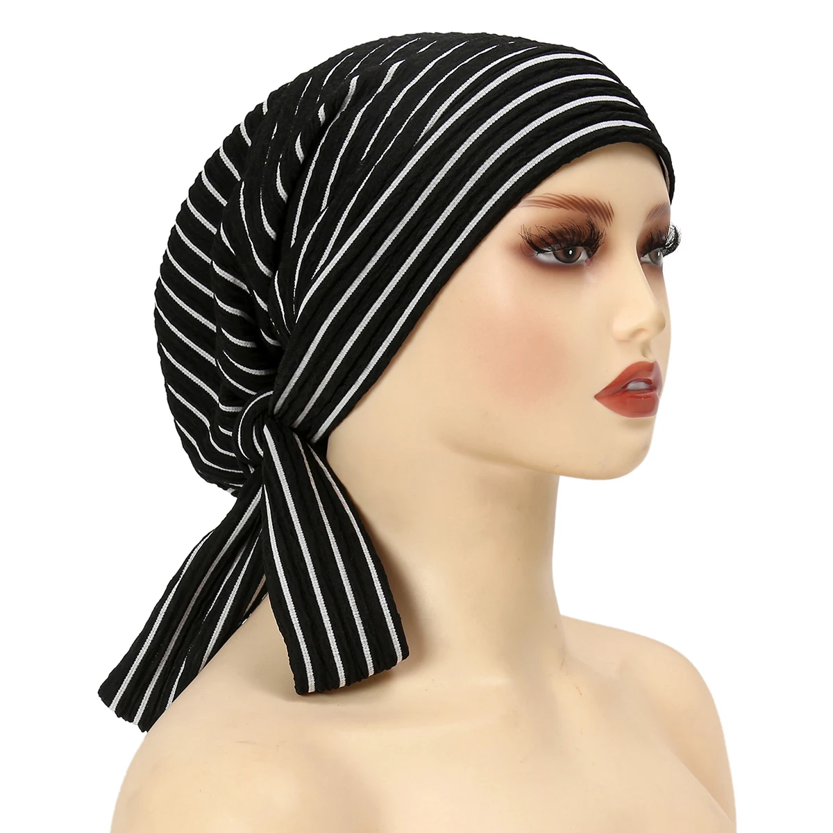 Modny czapka Turban w paski Hijab dla muzułmanek islamski czepek dla osób po chemioterapii szalik na głowę damski chusta na głowę szal hidżabowy