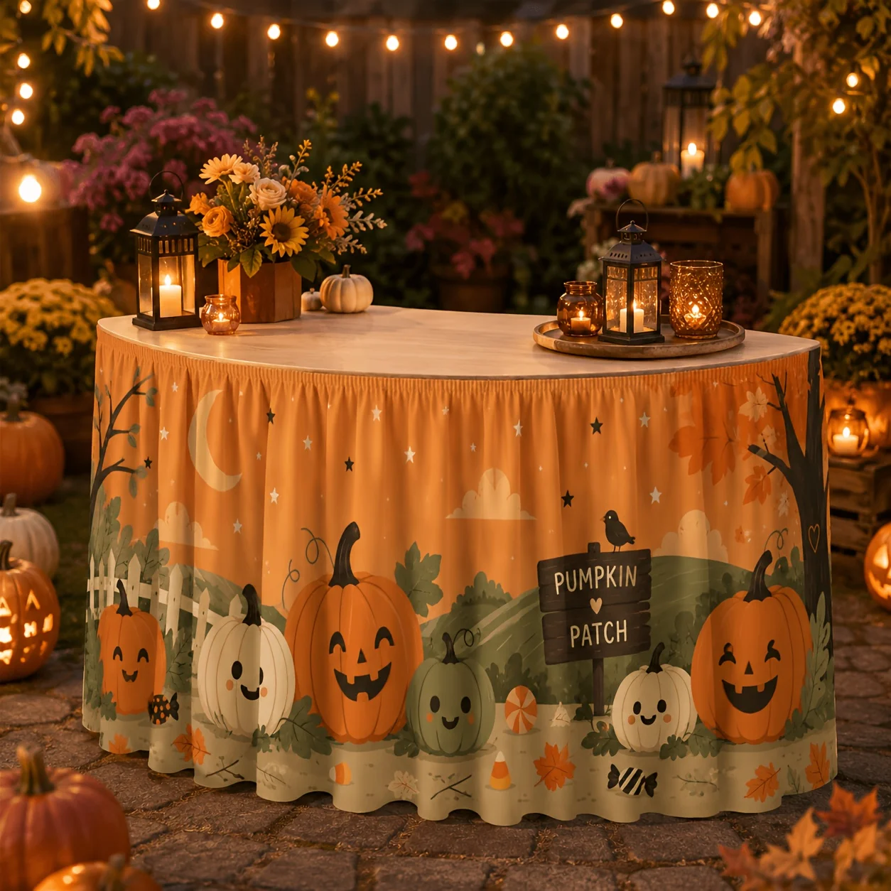 One table flag table skirt, cute pumpkin-themed Halloween table skirt, featuring smiling colorful pumpkins, crows,zyc