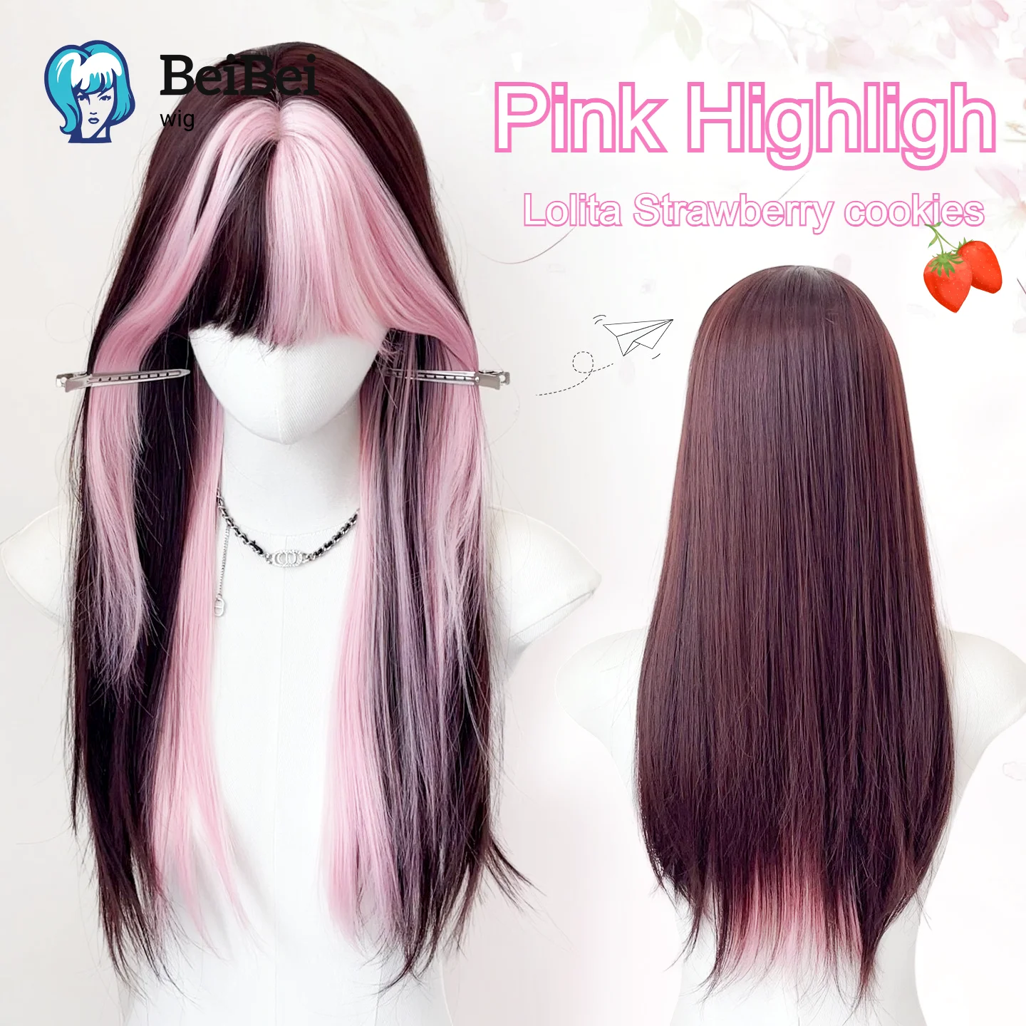 

Pink Highlight Wig Lolita Strawberry Cookies 24 Inch Long Straight Hair Wig for Women Cute Synthetic Wigs for Daily Use Cosplay