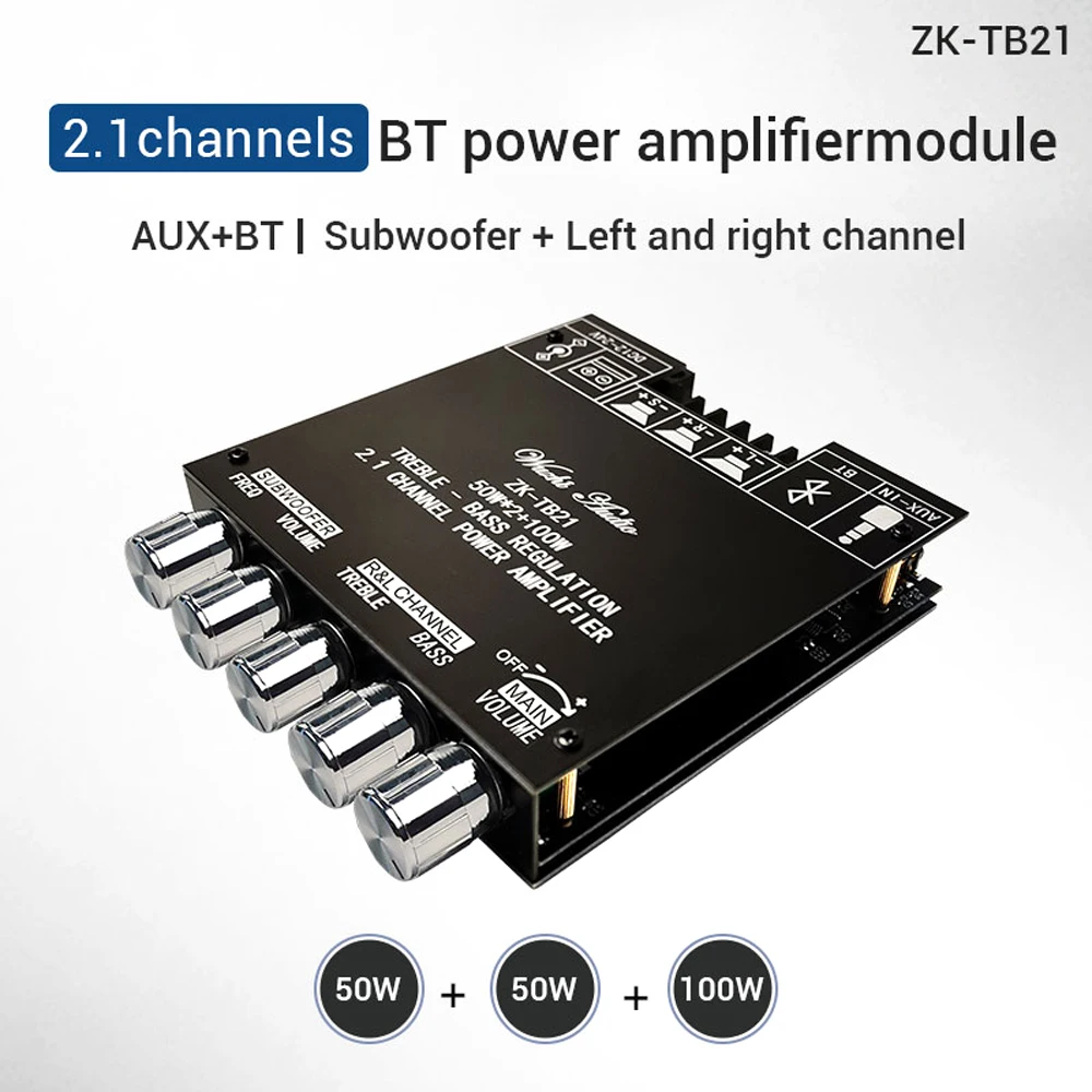 ZK TB21 BT5.0 Stereo Receiver Amplifier Board 2.1 Channel 50WX2+100W Digital Power Amplifier Board Module Support APP