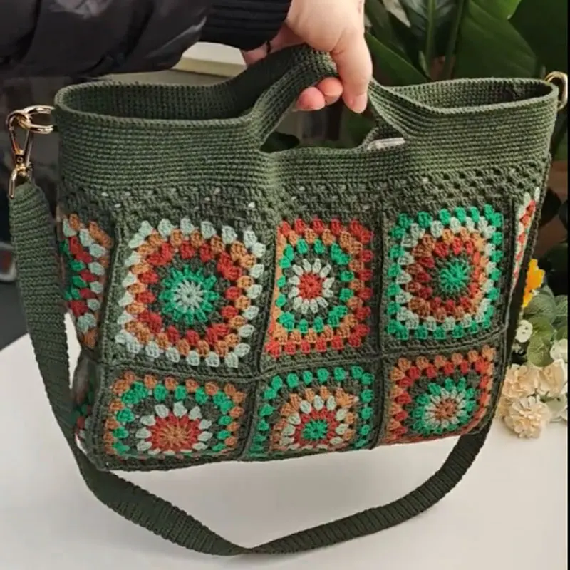 

Handmade crocheted exquisite patchwork shoulder bag, women's shopping bag, fashionable handbag with lining, mobile phone storage