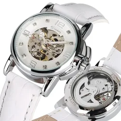 Women's Watch Automatic Mechanical Watch Skeleton Wristwatch Self Winding Gifts White Leather Strap Lady Watch