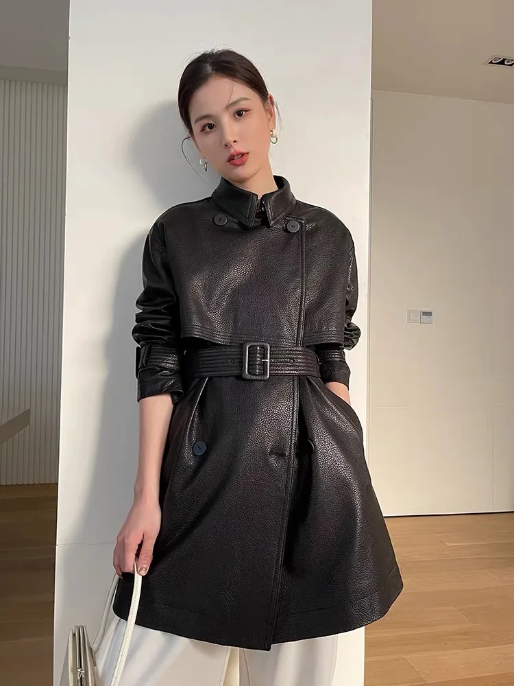 سترة واقية كلاسيكية مستوردة من الجلد للنساء شتاء 100% معطف متوسط الطول من جلد الغنم مع حزام Sobretudo Feminino طية صدر السترة