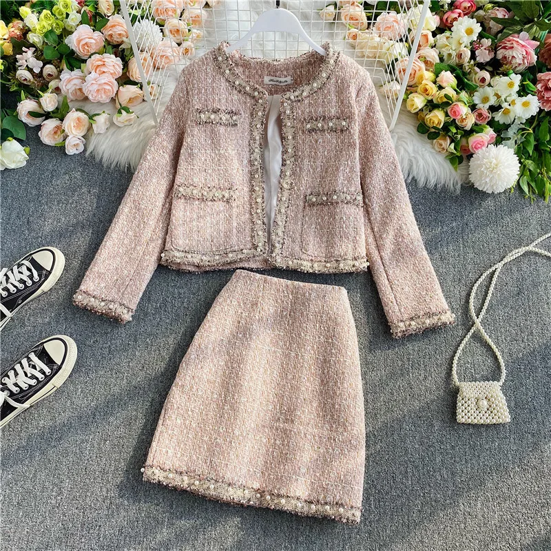 

2023 Winter Autumn Fragrant Set Women's Autumn and Winter Elegant Tweed Coat Wrapped Hip Skirt Light Mature Two Piece Set