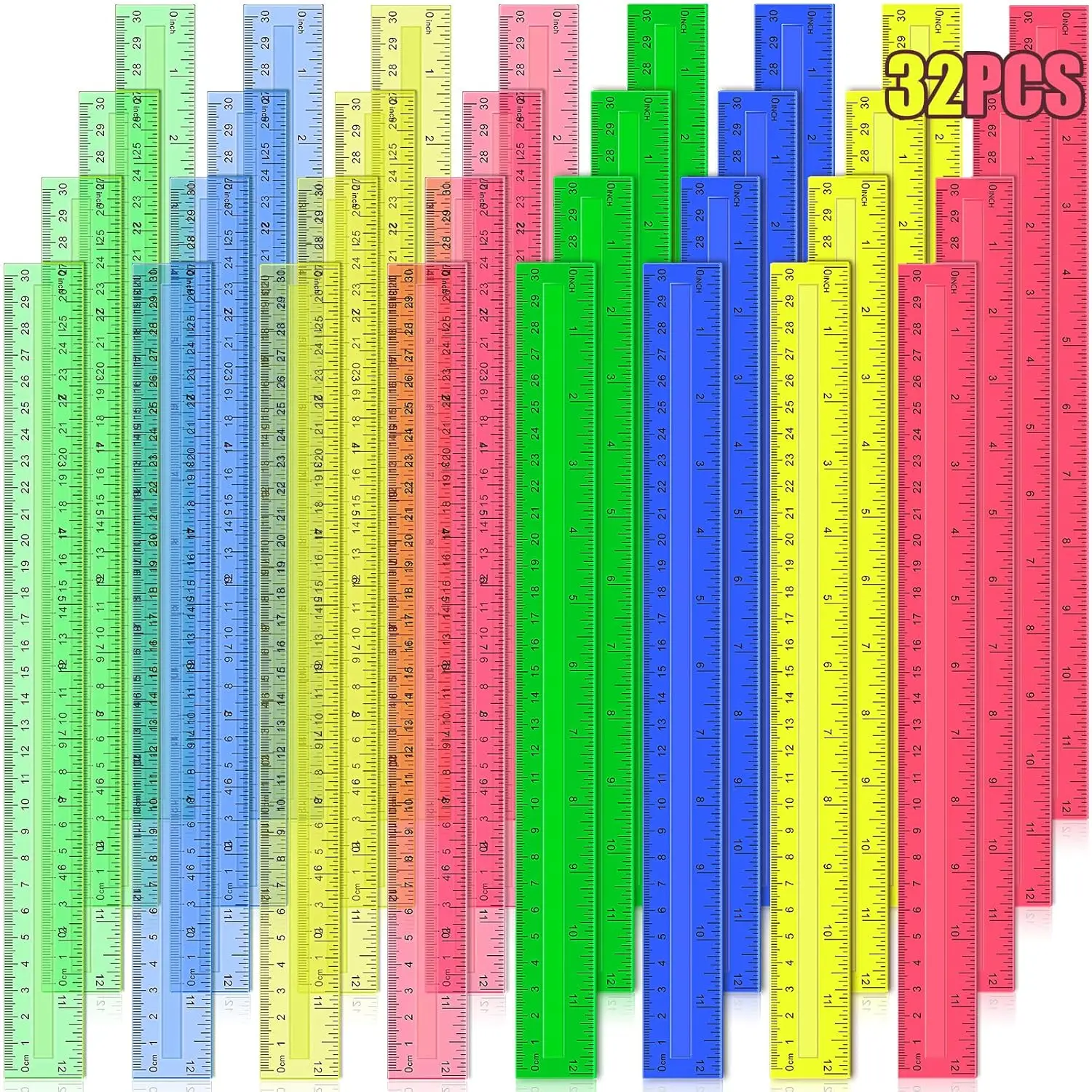 

32 Pcs 12 Inch Plastic Rulers, Assorted Colors, Metric & Inch, for School Office