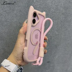 Cartoon Cat Ear for Magsafe Wrist Strap Case for iPhone 16 15 17 Pro Max Air 14 Plus 13 12 11 Lanyard Magnetic Transparent Cover
