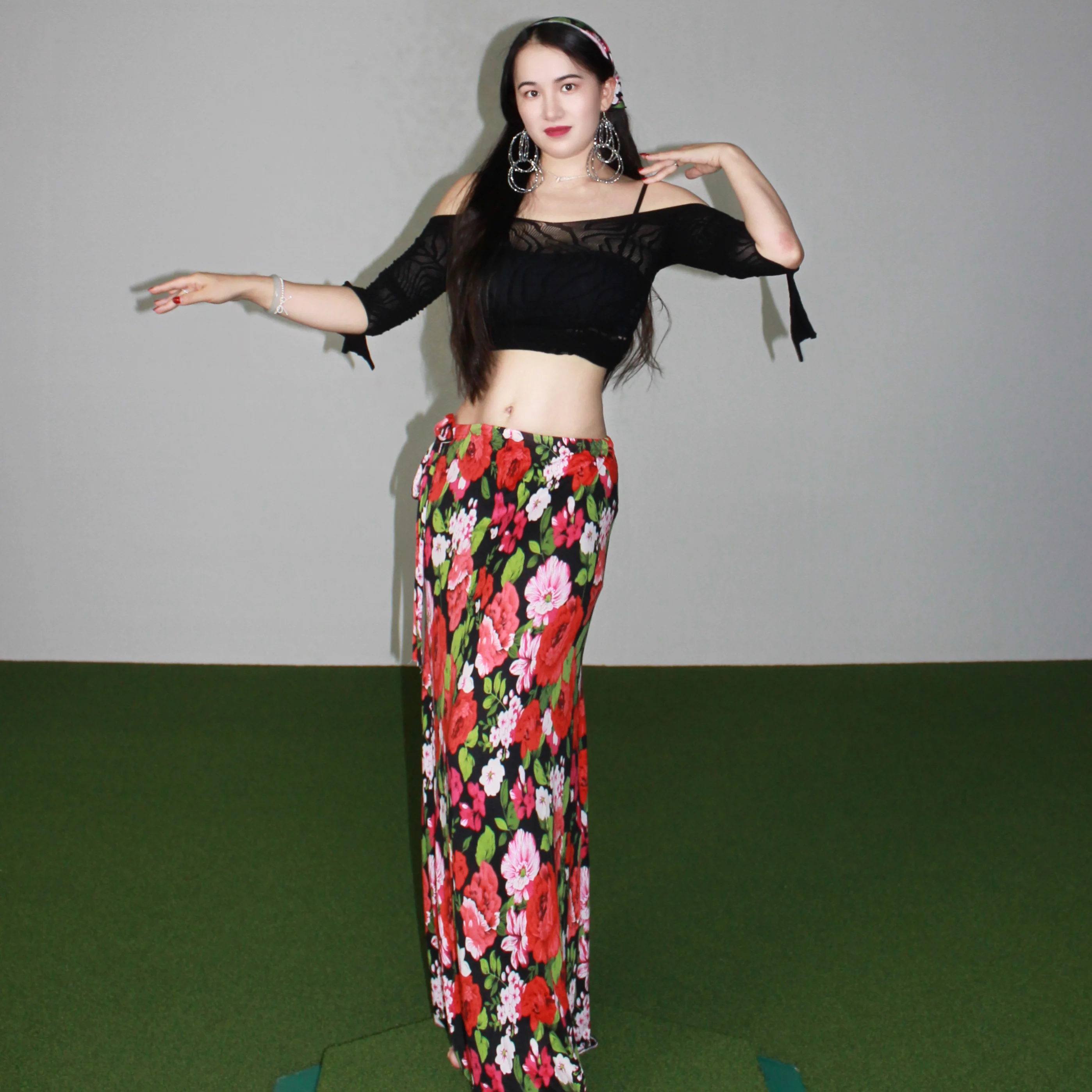 New bellydance performance suit sexy black mesh top+high-end printed long skirt set oriental dance professional training costume