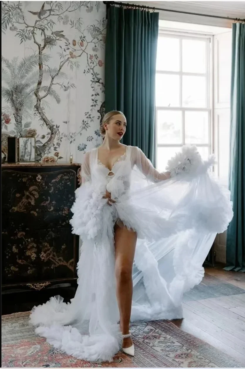 white Maternity Gown for Baby Shower Dressing Gown Perspective Sheer Skirt Long Tulle Bridal Robe Puffy Sleepwear for Women Nigh