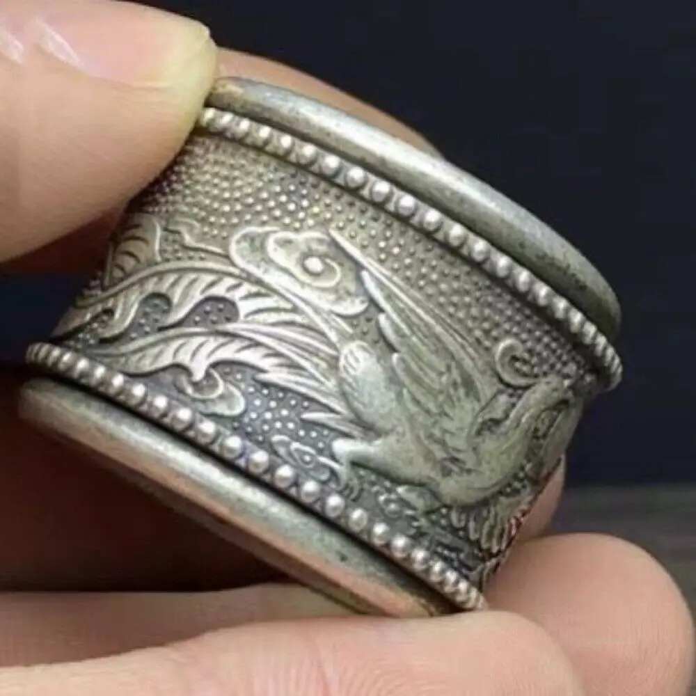 Old Chinese Tibet Silver Handcarved Dragon Phoenix Turn Ring Guangxu Mark