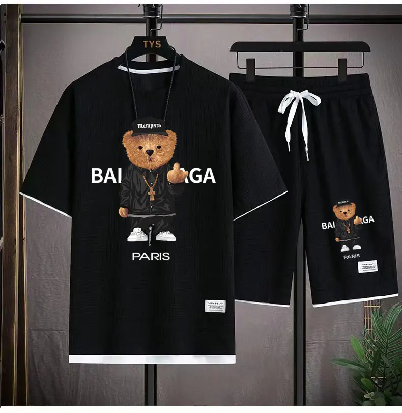 

2024 Spring and summer sports fashion jogging fitness men's sets top Short sleeve oversized T-shirt + casual shorts clothing