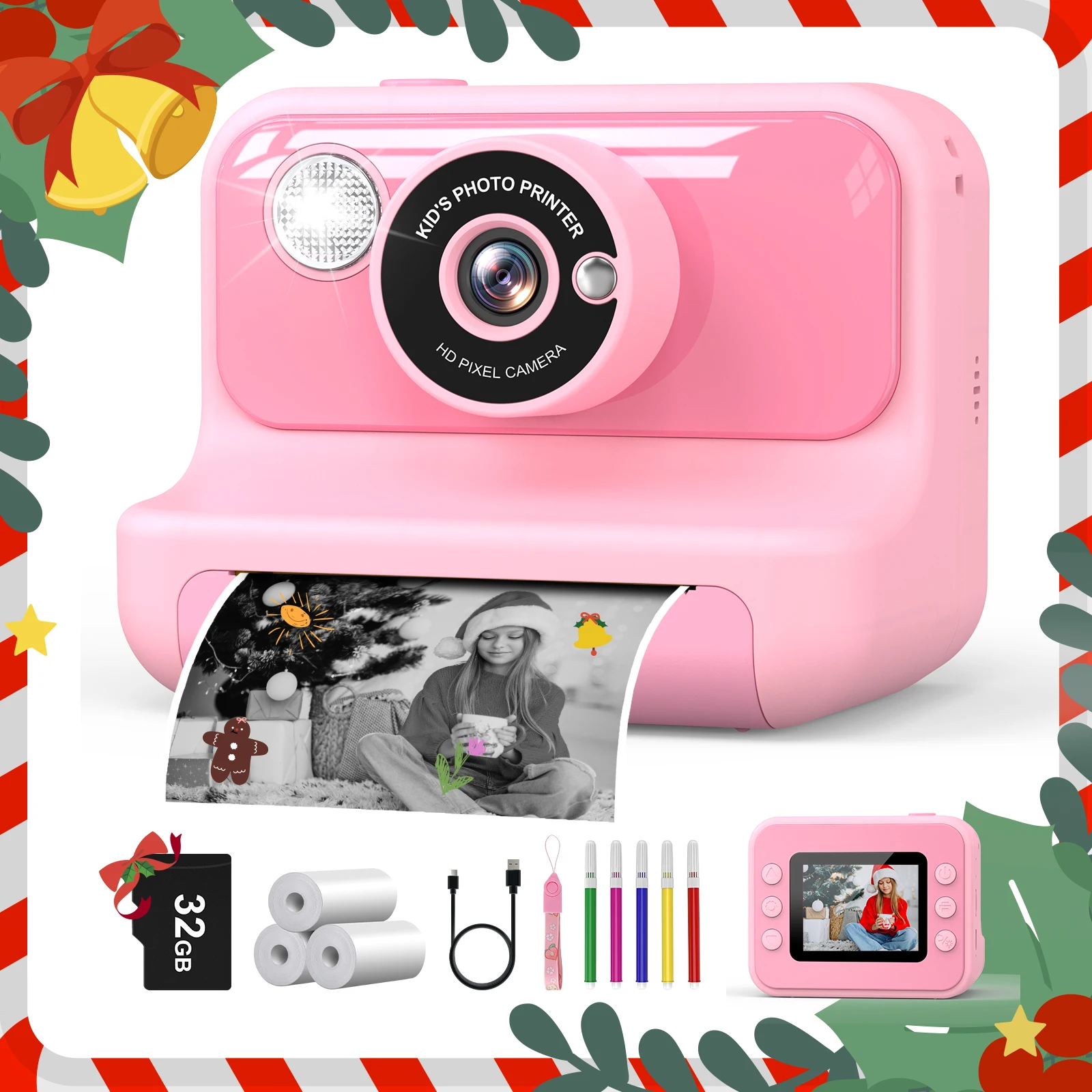 Gofunly Kids Instant Print Camera 2.4 Inch Mini Digital Camera 1080P HD Thermal Printing Camera Toy For Children Gift