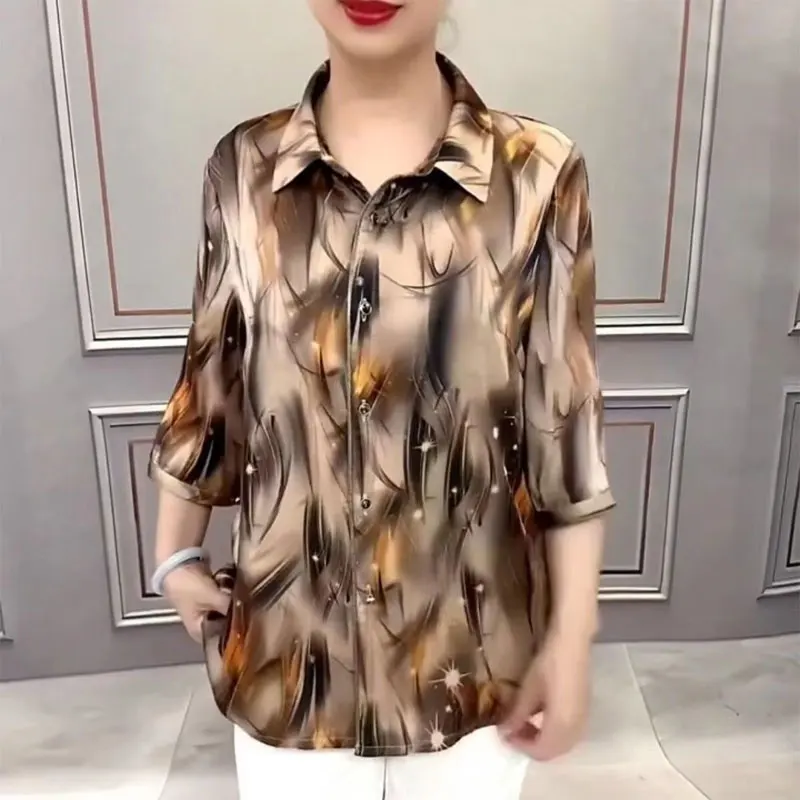 Vintage Printed 3/4 Sleeve Shirt Commute Spring Summer New Turn-down Collar Women's Clothing Casual Single-breasted Loose Blouse