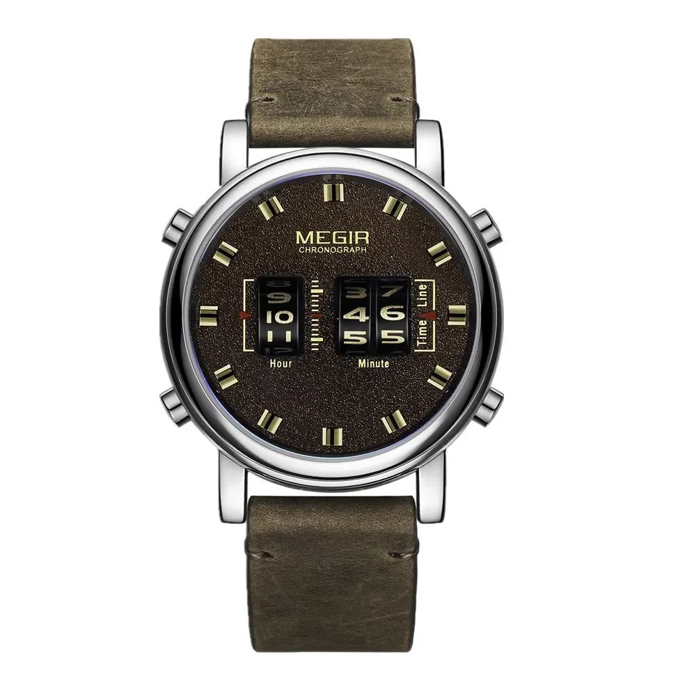 

MEGIR 2026 New Top Band Watches Men Military Sport Brown Leather Quartz Wrist Watch Luxury Drum Roller relogio masculino 2137