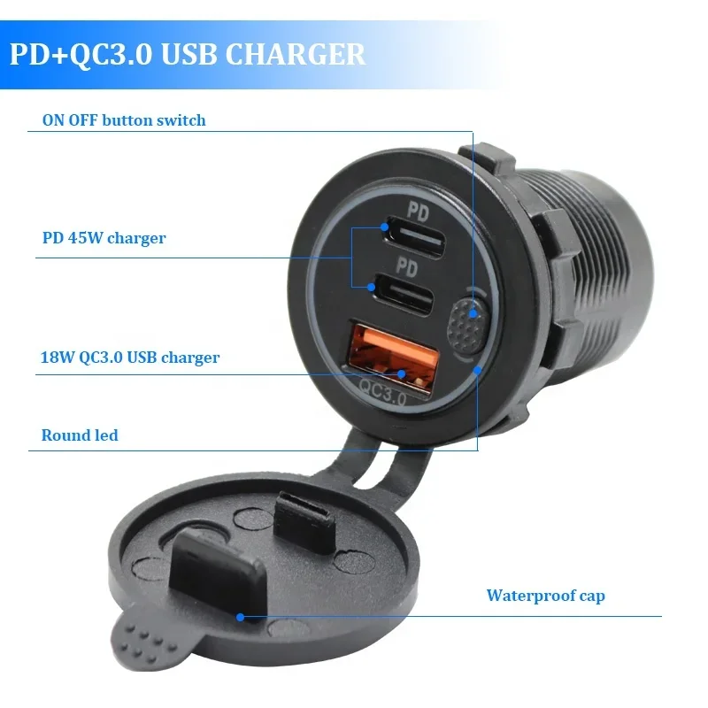 Triple USB Outlet Car Charger Socket PD USB Outlet Cigarett e Lighter with Power Switch for Car Boat Marine RV 12-24V