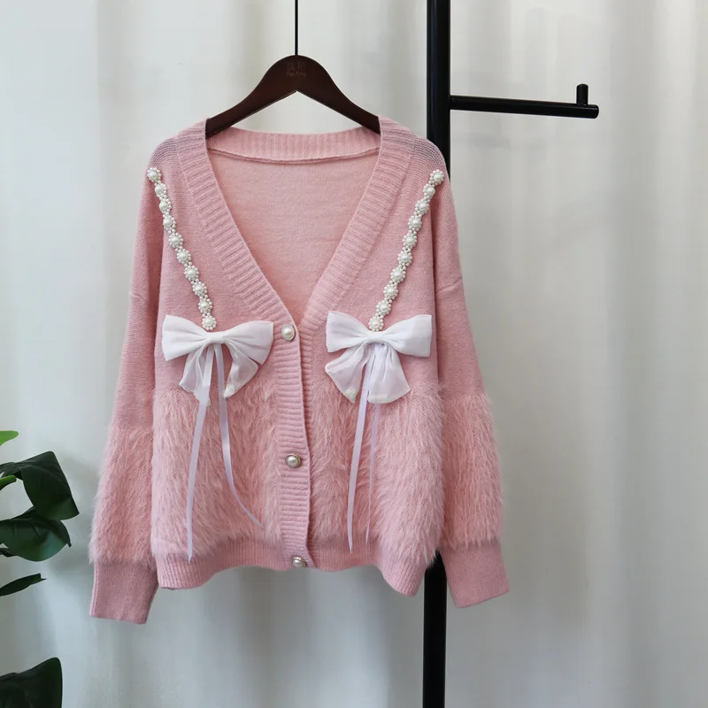 2024 Autumn/Winter Women's New Loose Splicing Imitation Mink Velvet Knitted Cardigan Sweet Bow Soft Sticky Sweater