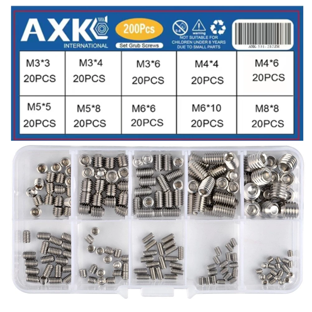 AXK 200Pcs Allen Head Socket Hex Set Grub Screw Assortment Cup Point Stainless Steel M3/M4/M5/M6/M8 With Plastic Box