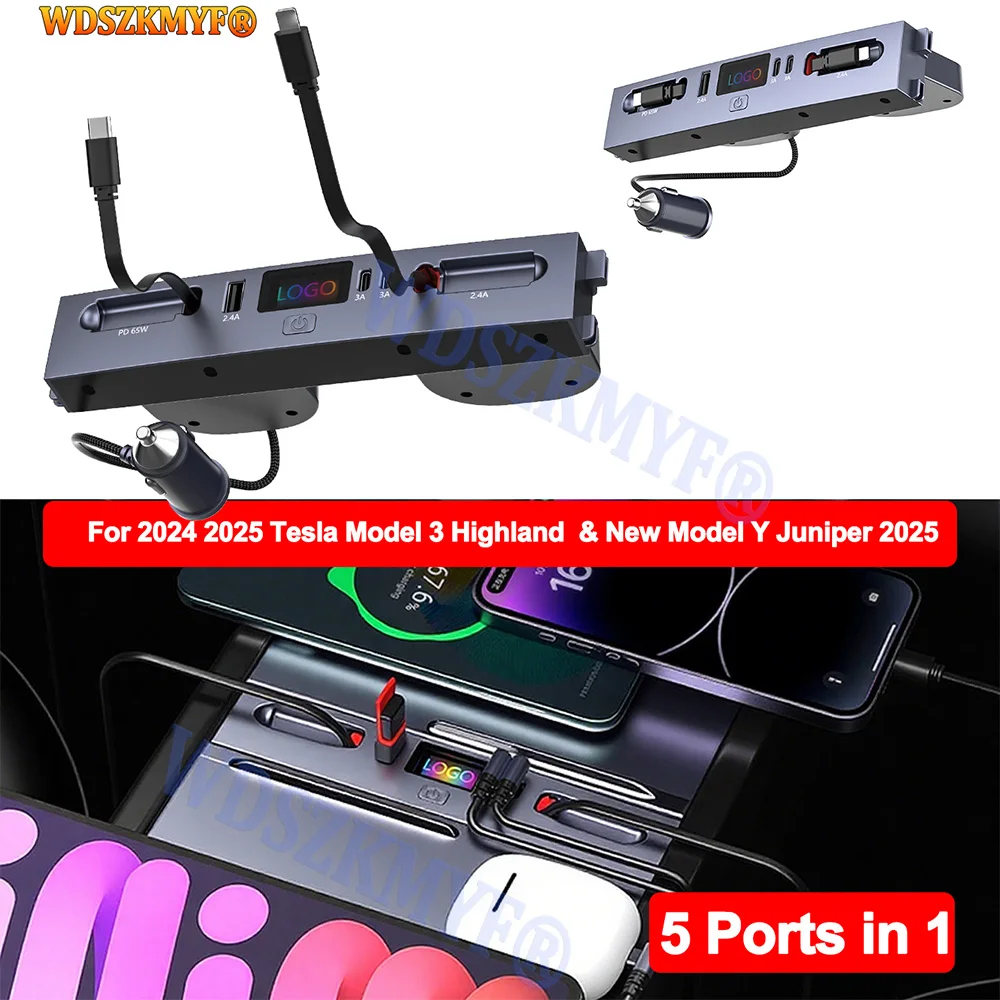 

Для Tesla Model 3 2024-25/2025 Model Y 65 Вт USB Shunt HUB 5 в 1 Интеллектуальная док-станция Автомобильный адаптер с питанием Быстрая зарядка