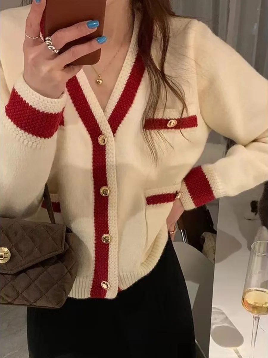 Chic V-neck Knitted Long Sleeve Casual Sweater Cardigan Women Spring Autumn Sweater Coat Fashion Elegant Knitwear Tops