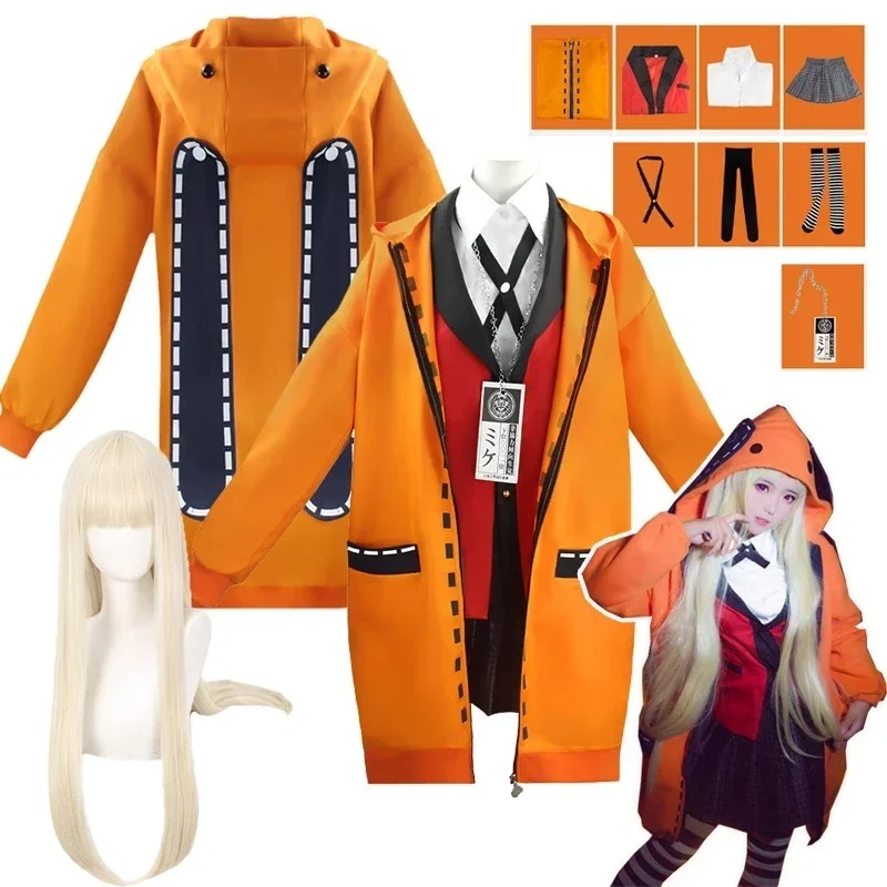 A Yomozuki Runa Cosplay Costume Anime Kakegurui Cosplay Wig and Orange Hooded Jacket School Uniform Halloween Costume for Women