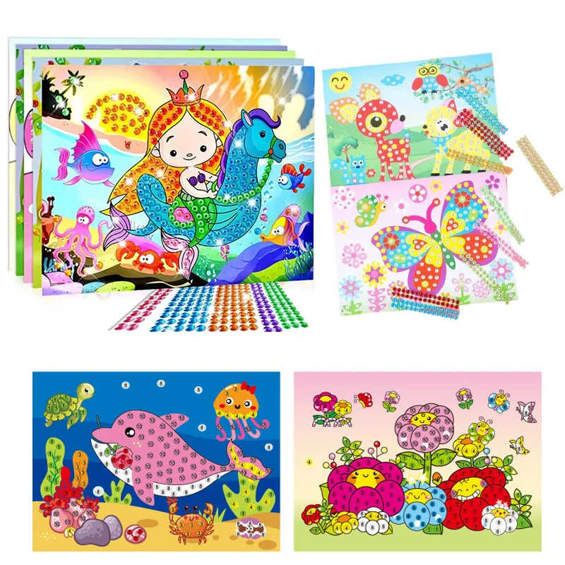 4/8/12Sheets Cartoon Diamond Crystal Sticker Painting Set Cute Animal Patterns Graffiti Handicraft Sticker Creative Art Kits ZYF