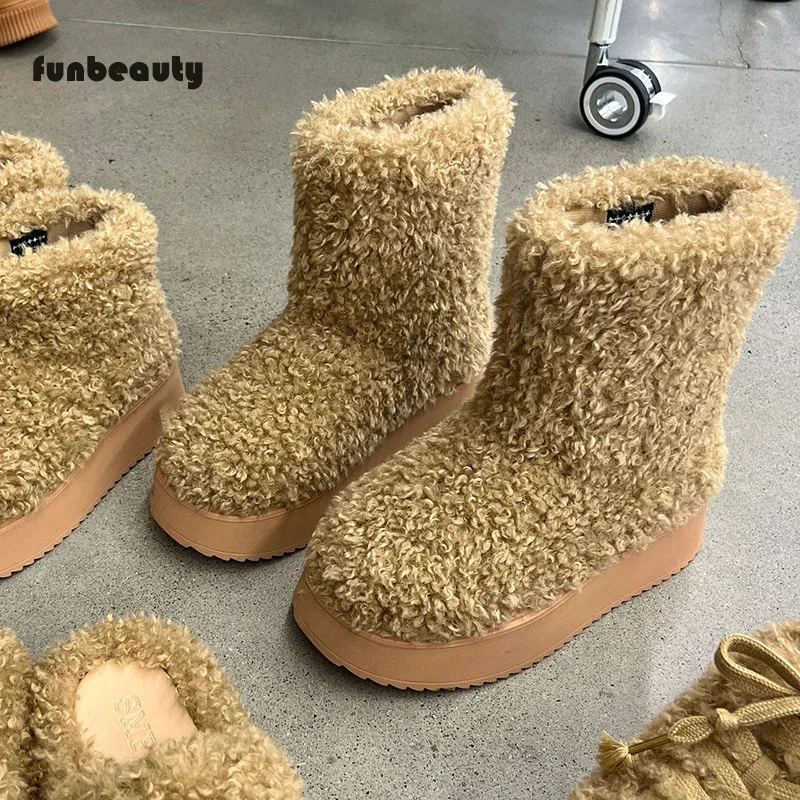 Novo outono inverno pele de uma peça fundo grosso peludo tubo curto botas de neve de pelúcia teddy pele encaracolado meados de tubo botas de algodão