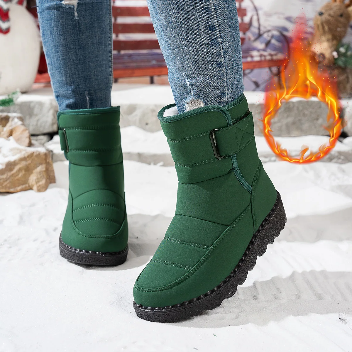 Damen-Winterstiefel bis zur Wadenmitte, wasserdicht, mit Kunstfell gefüttert, mit Klettverschluss, rutschfest, dicke Sohle, warme Outdoor-Stiefel für kaltes Wetter. – Detail 23