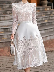 Woman Skirt Sets Two Piece Set Women Fall Clothes 2022 Elegant Embroidery Lace Solid Long Sleeve Shirt Top + High Waist Skirt