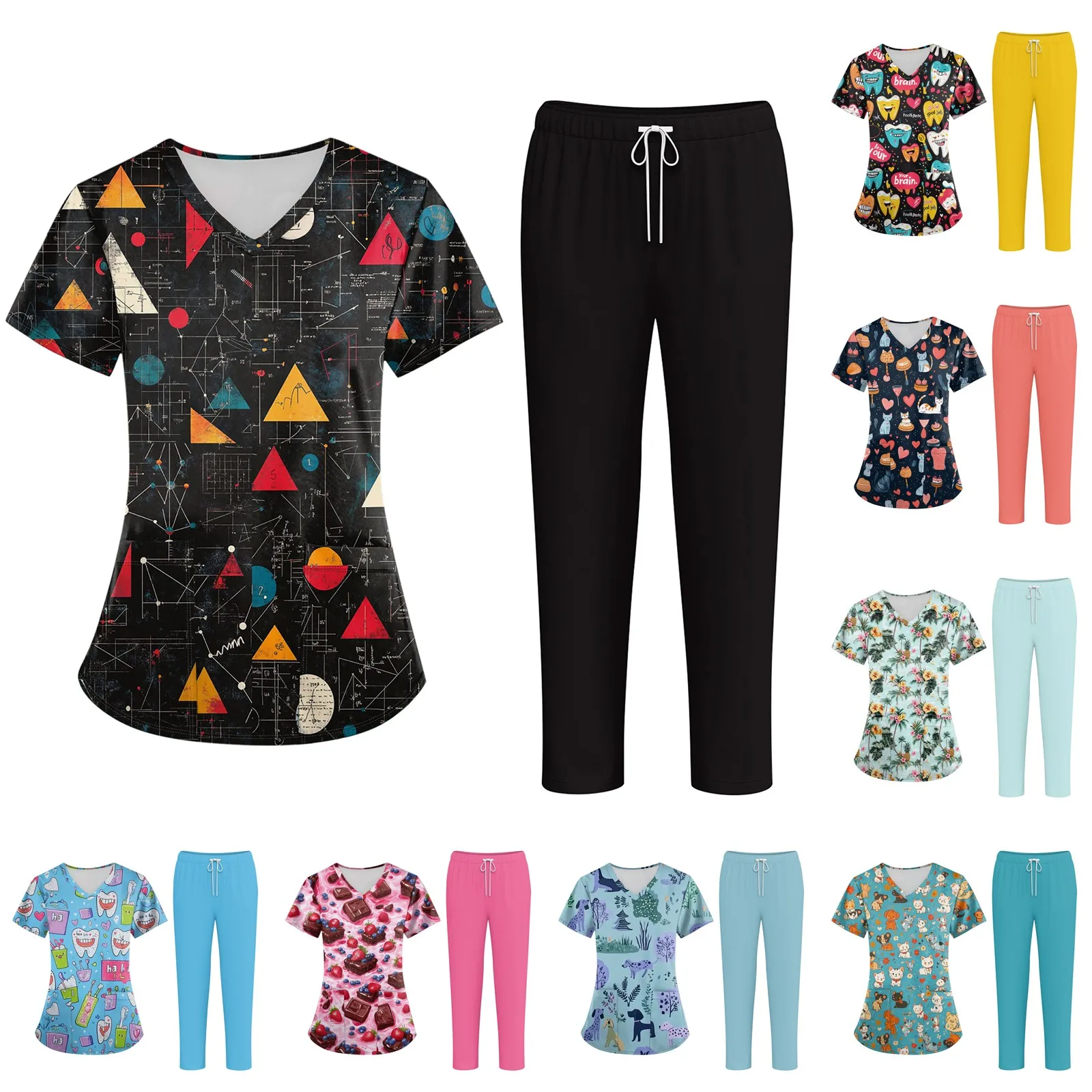 Plus Size Printed Scrub Working Uniform Tops For Women'S V-Neck Cute Print Short Sleeve Fun T-Shirts Workwear Tee With Pockets
