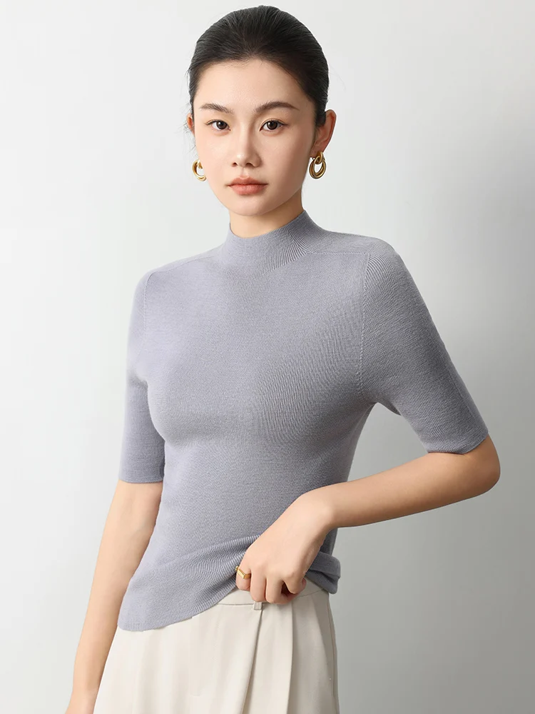Spring Summer Women 100% Wool Sweater Machine Washable Mock Neck Half Sleeve Slim Pullover Worsted Cashmere Knitwear Autumn Top