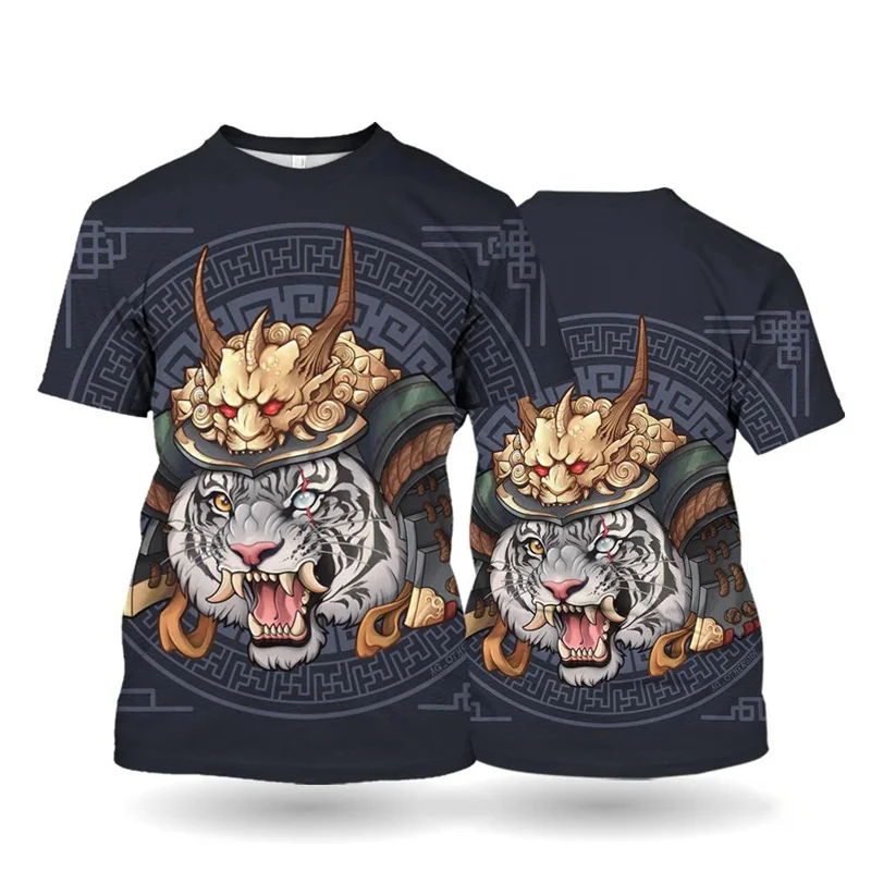 Vintage Men's T Shirt Japanese Ghost Warrior Mask Print Short-sleeved T-shirts Male Tops Casual Oversized Loose Round Neck Tees