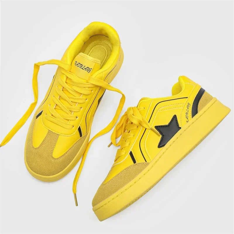 Yellow Split Leather Skateboarding Shoes for Men Cool Women Athletic Walking Fitness Trainers Comfortable Couple Running Shoes