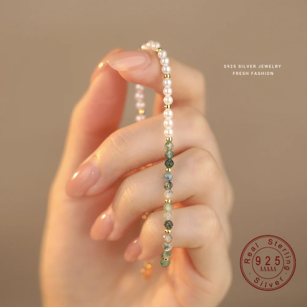 S925 Sterling Silver Natural Water Grass Agate Glass Pearl Bracelet Women's Exquisite Design Temperament Fashion Jewelry