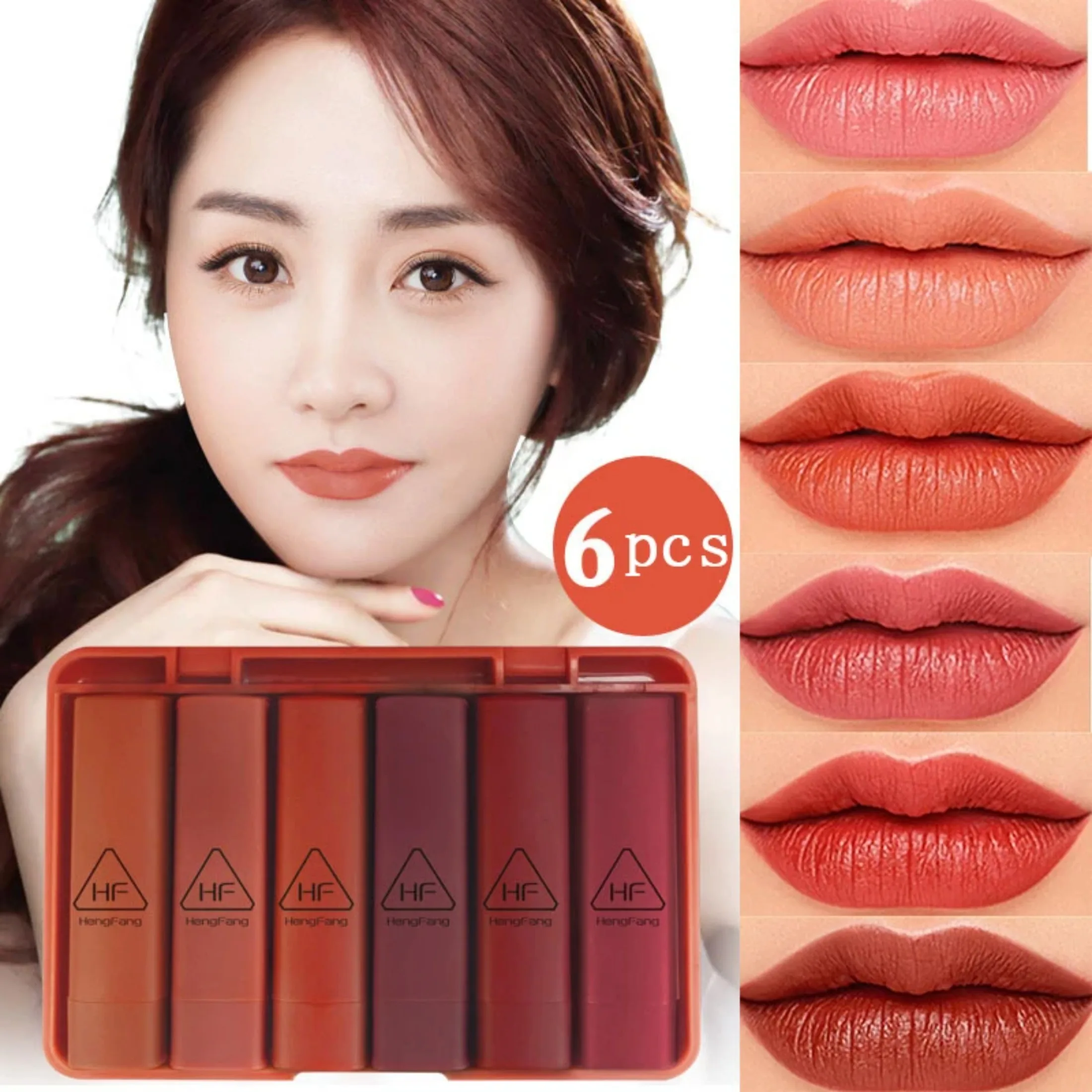 6 Colors Box Matte Lipsticks Hold Mini Portable Lip Gloss Set Long Lasting Brick Red Non-Stick Cup with Mirror Makeup