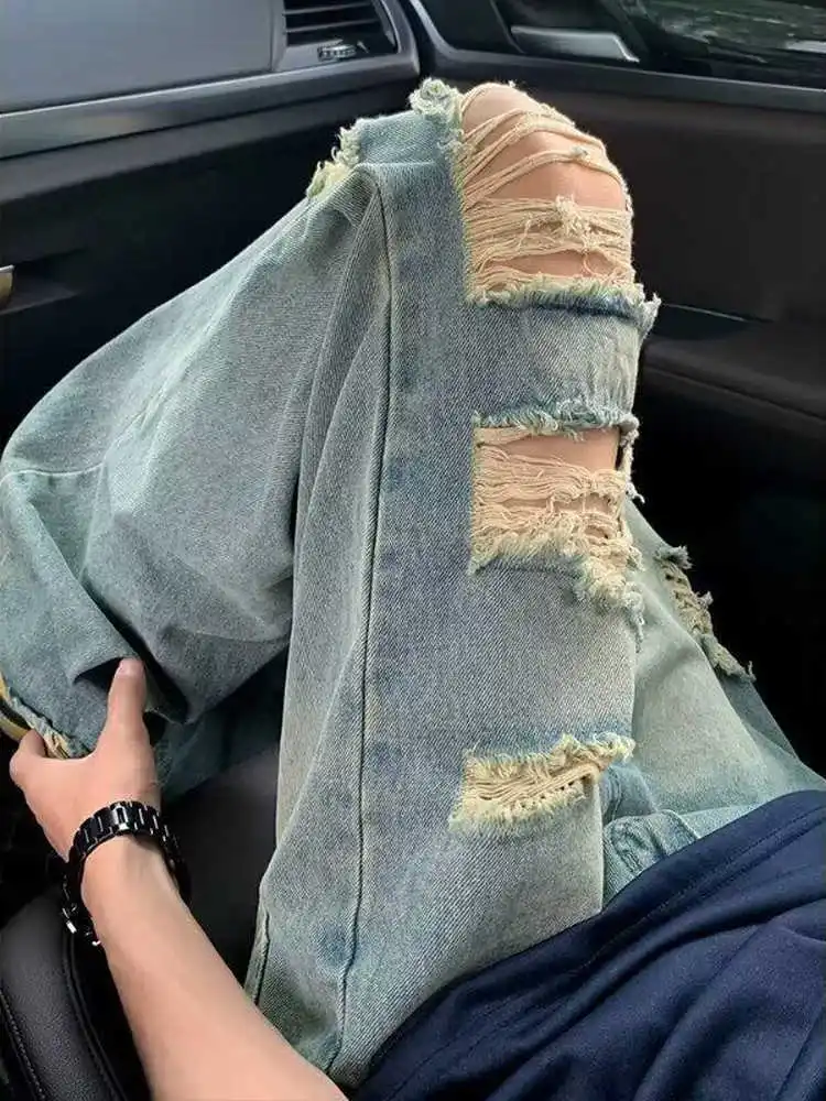 

Винтажные джинсы Waed с прямым кроем и эффектом потертости, летние тонкие широкие брюки унисекс, повседневные свободные джинсы в уличном стиле