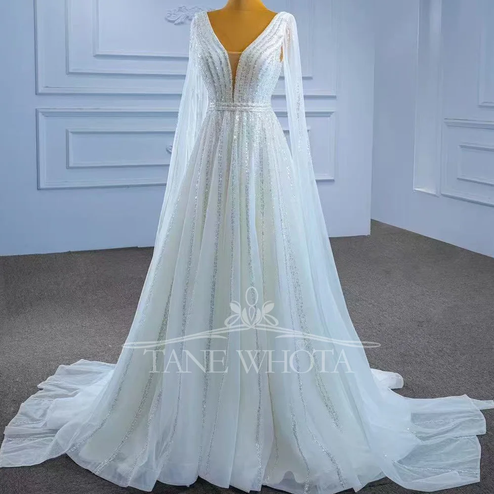 V넥 롱 슬리브 레이스업 백 시퀸 웨딩드레스 2025 스타일 섹시 브라이덜 가운 맞춤 제작 가능 베스티도 노비아