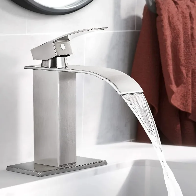 Waterfall Bathroom Faucet, Brushed Nickel Modern Single Handle Bathroom Faucets ,Pop-up Drain and Supply Hoses