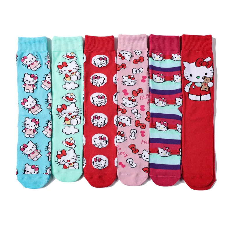 Anime Hello Kitty Women Cotton Four Seasons Cartoon Sanrio Hellokitty Socks= Trendy Loose Soft Ladies Ins Sock Clothes Accessory