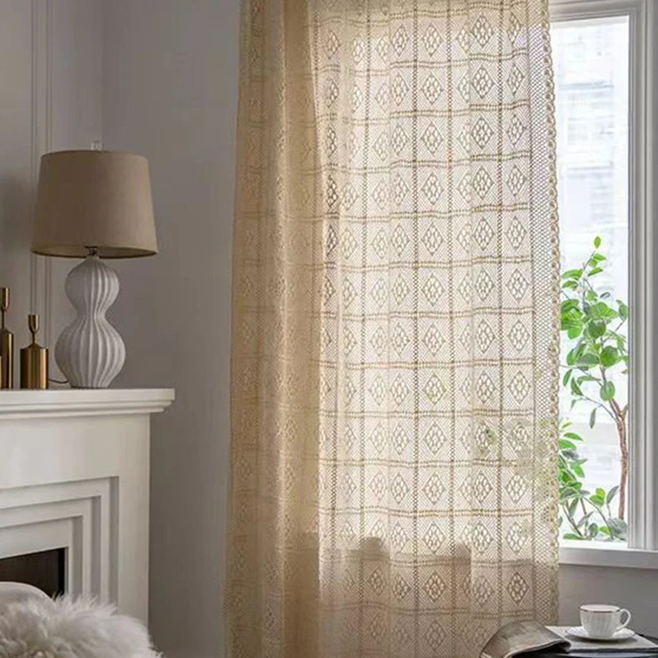 Cotton Hollow design Curtains Road Pocket Shade Curtain Tassel for Kitchen Bedroom Living Room Bay Window Cabinet Curtain