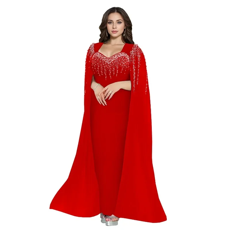 女性用エレガントなダイヤモンドとパール付きシアーメッシュショールスリーブ、ボディコンマキシ丈イブニングパーティードレス、スリムなフォーマルオケージョンロングローブドレス