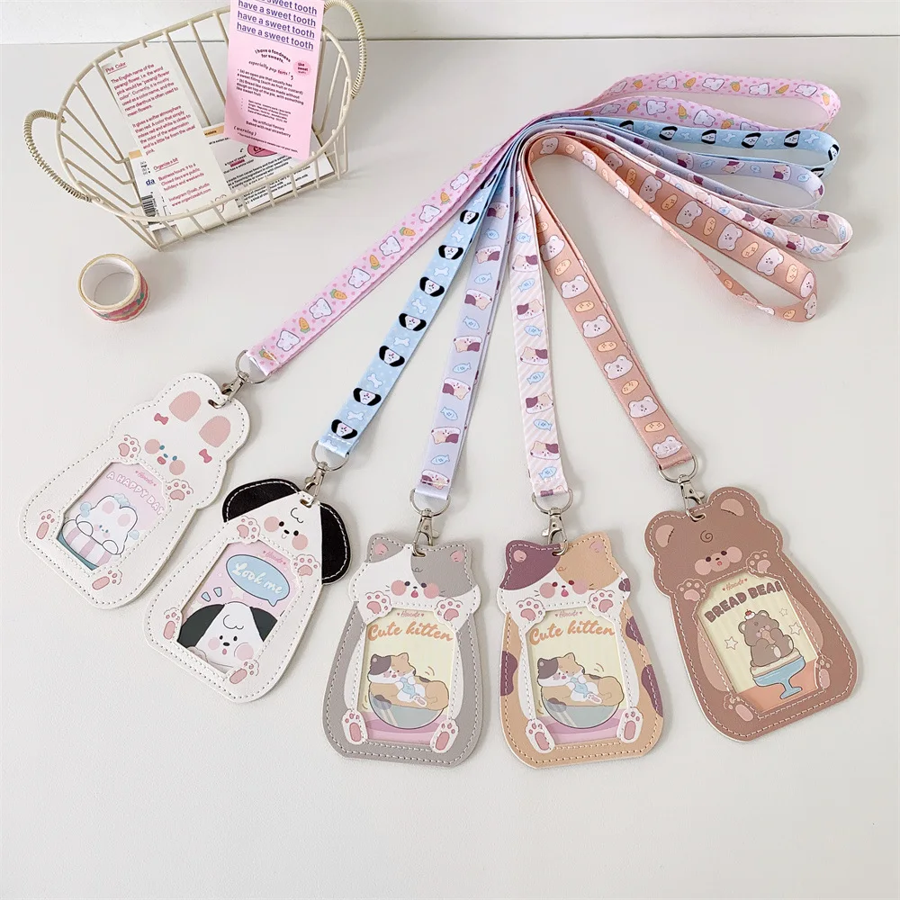 INS Style Cat Shape Hollow Transparent Card Holder Cute Lanyard Card Case for Bus Student ID Badge Holder
