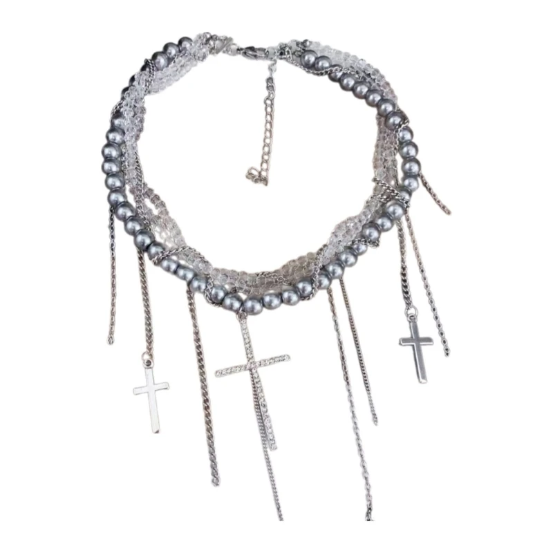 Trendy Pearls Chain Necklace with Cascading Tassels Crucifix Pendant Neckchain Jewelry Adjustable Length Women Choker