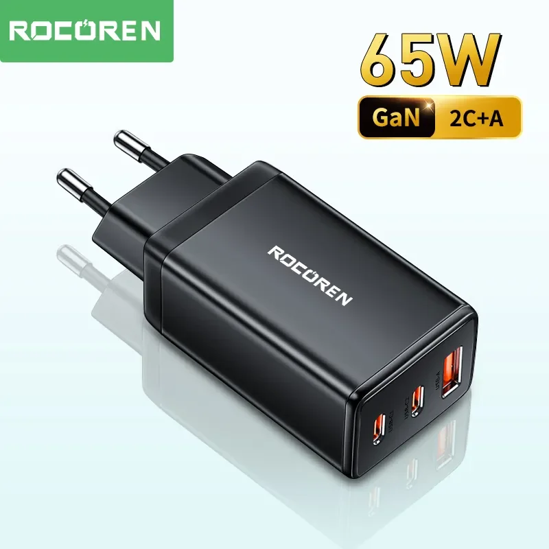 Rocoren GaN 고속 충전 PD 4.0 3.0 C타입 USB 충전기, 아이폰 15, 14, 13 프로 맥스, 삼성 노트북용 고속 충전기, 65W 