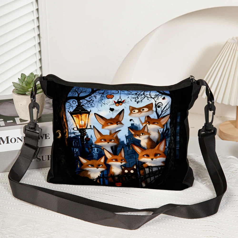 1pc Foxes In Night City Crossbody Bag Black Cute Animal Print Shoulder Bags For Women Girls Fashion Casual Everyday Use School W