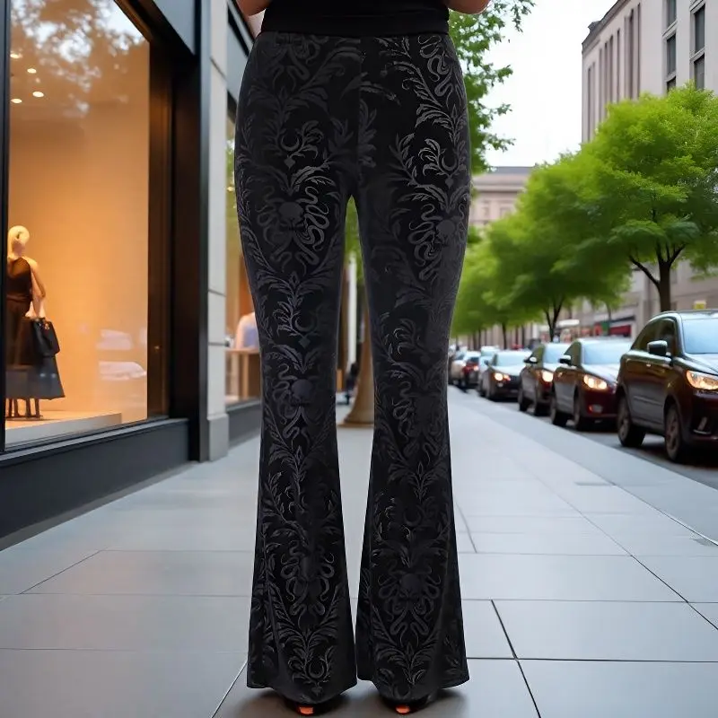

Модные расклешенные брюки, широкие женские брюки с цветочным принтом, эластичный расклешенный низ, элегантные брюки, стильные готические, панк-клубные, уличные