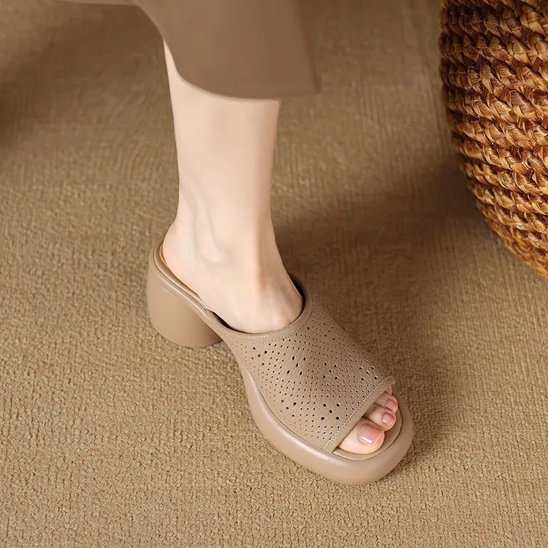 High-Heeled Shoes Lady Ladies\' Slippers PU Low Square heel Slipers Women Platform Fretwork Summer Soft Block 2024 Fabric Slides